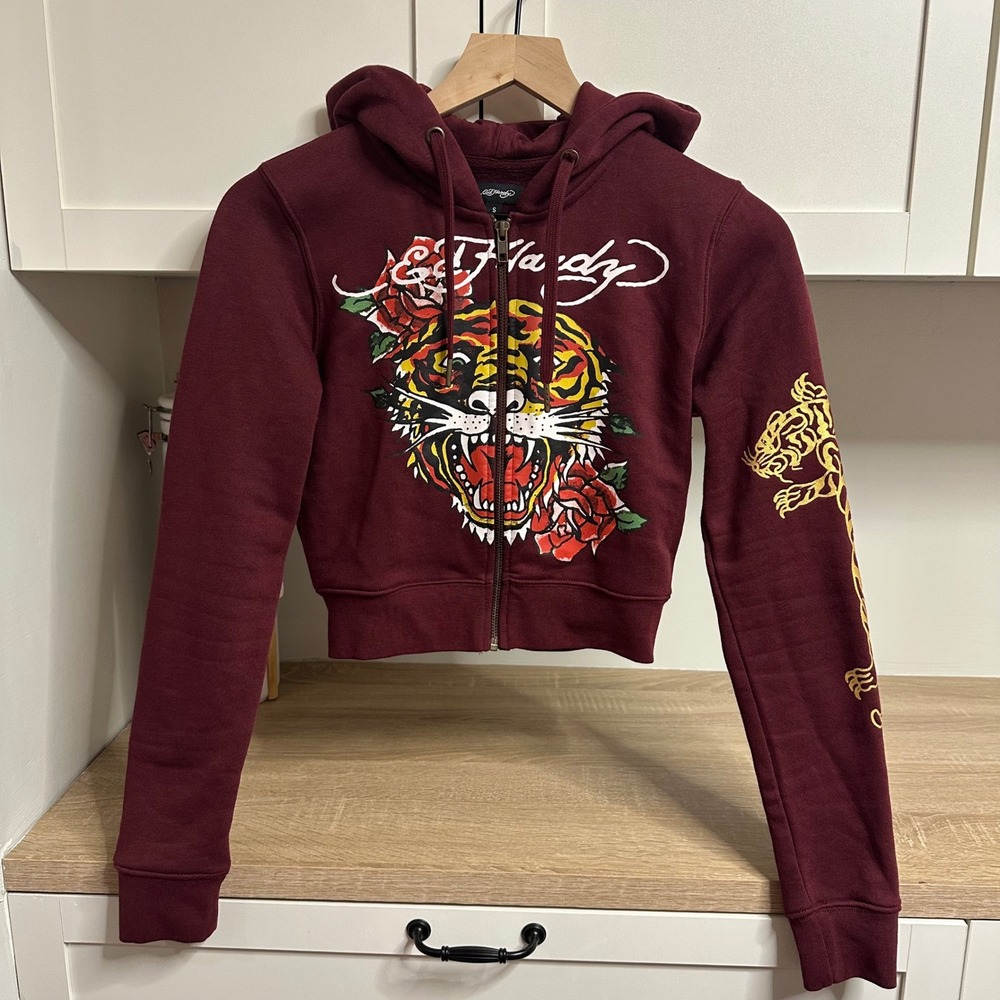 Ed Hardy Full Zip Hoodie Womens S Maroon Tiger Rose Graphic Cropped Retro Y2K